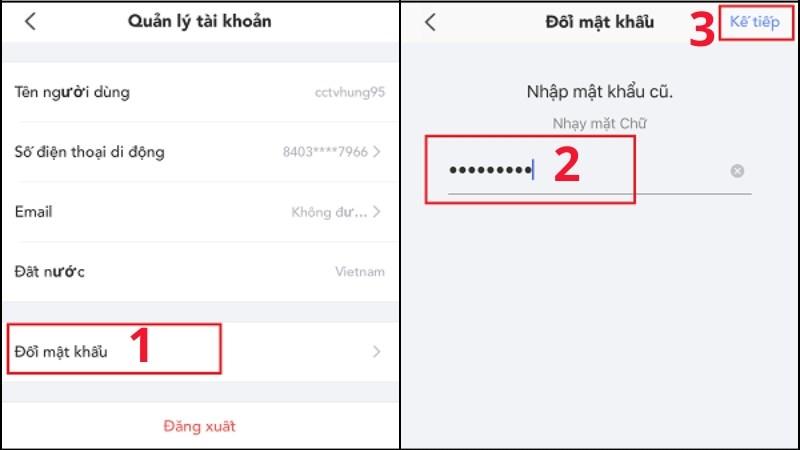 Chọn v&agrave;o Đổi mật khẩu ở mục Quản l&yacute; t&agrave;i khoản > Nhập mật khẩu cũ v&agrave;o