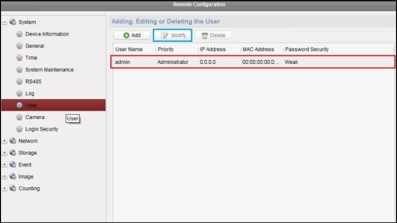 Chọn v&agrave;o mục User > Chọn th&ocirc;ng tin đăng nhập camera WiFi > Chọn Modify