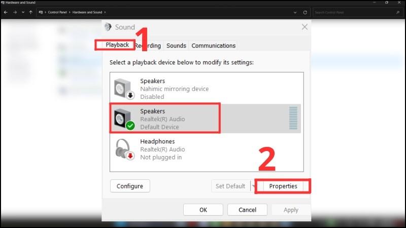 Click chọn tab Playback, chọn thiết bị loa bạn muốn sử dụng > Nhấp vào Properties