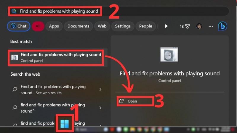 Mở Menu Start mở Find and fix problems with playing sound
