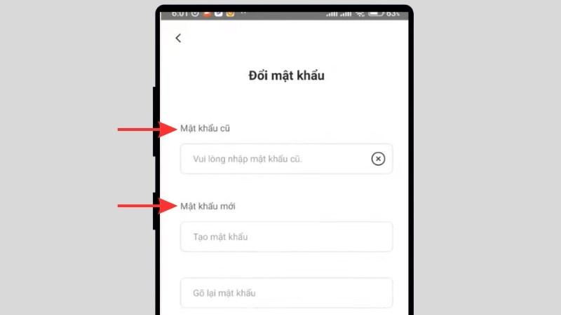Nhập lần lượt mật khẩu cũ v&agrave; mật khẩu mới v&agrave;o
