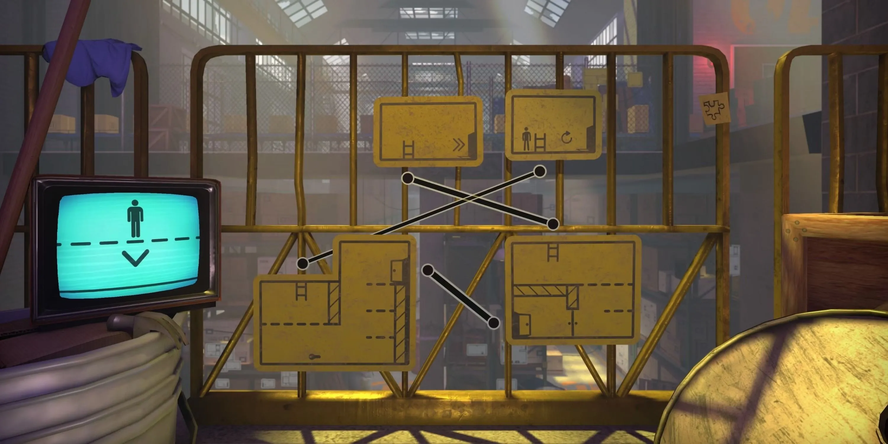 A puzzle from The Pedestrian with signs, doors, ladders, and platforms.