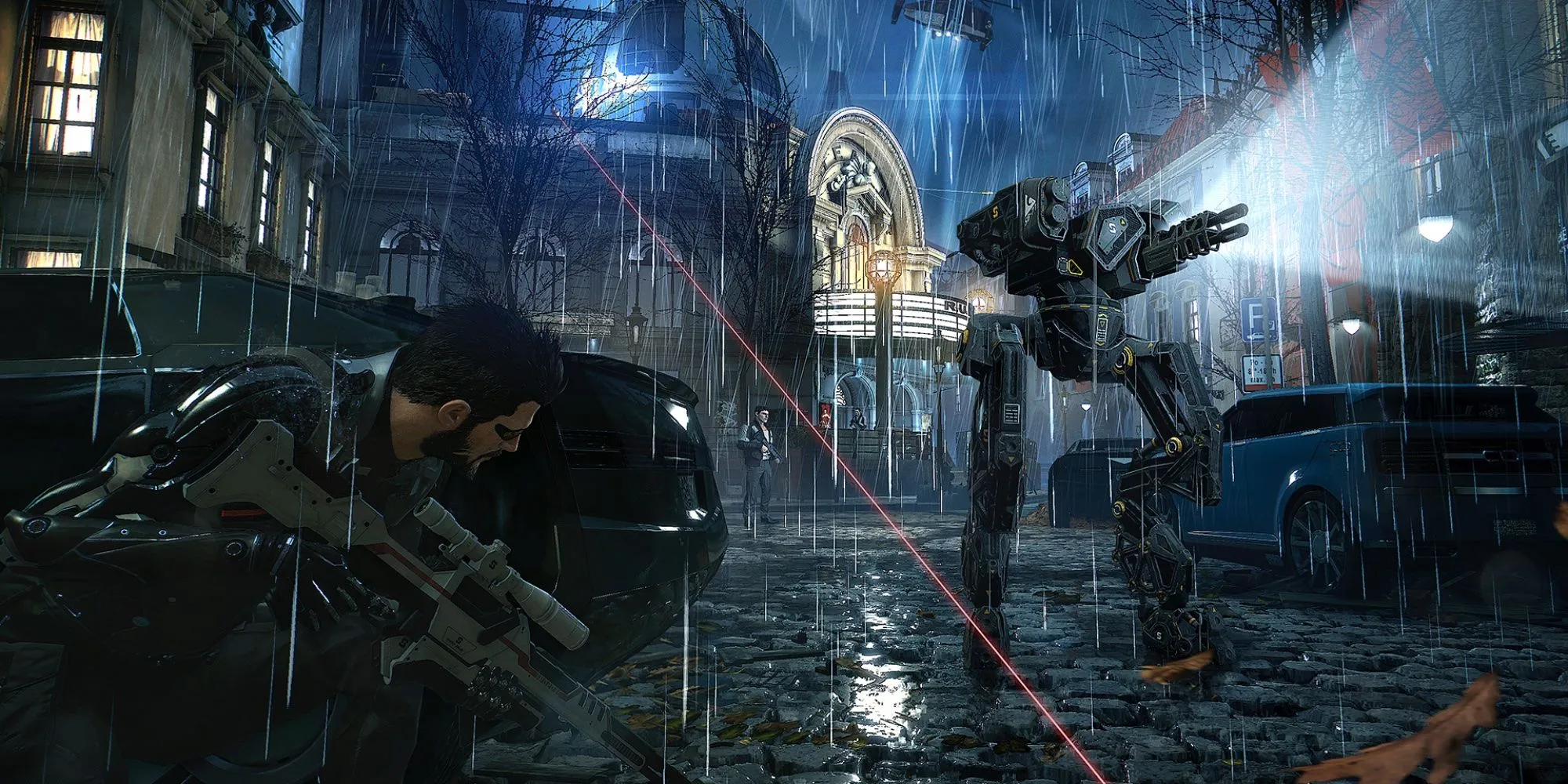 Adam Jensen ẩn nấp khỏi robot địch trong một pha hành động lén lút của Deus Ex Mankind Divided