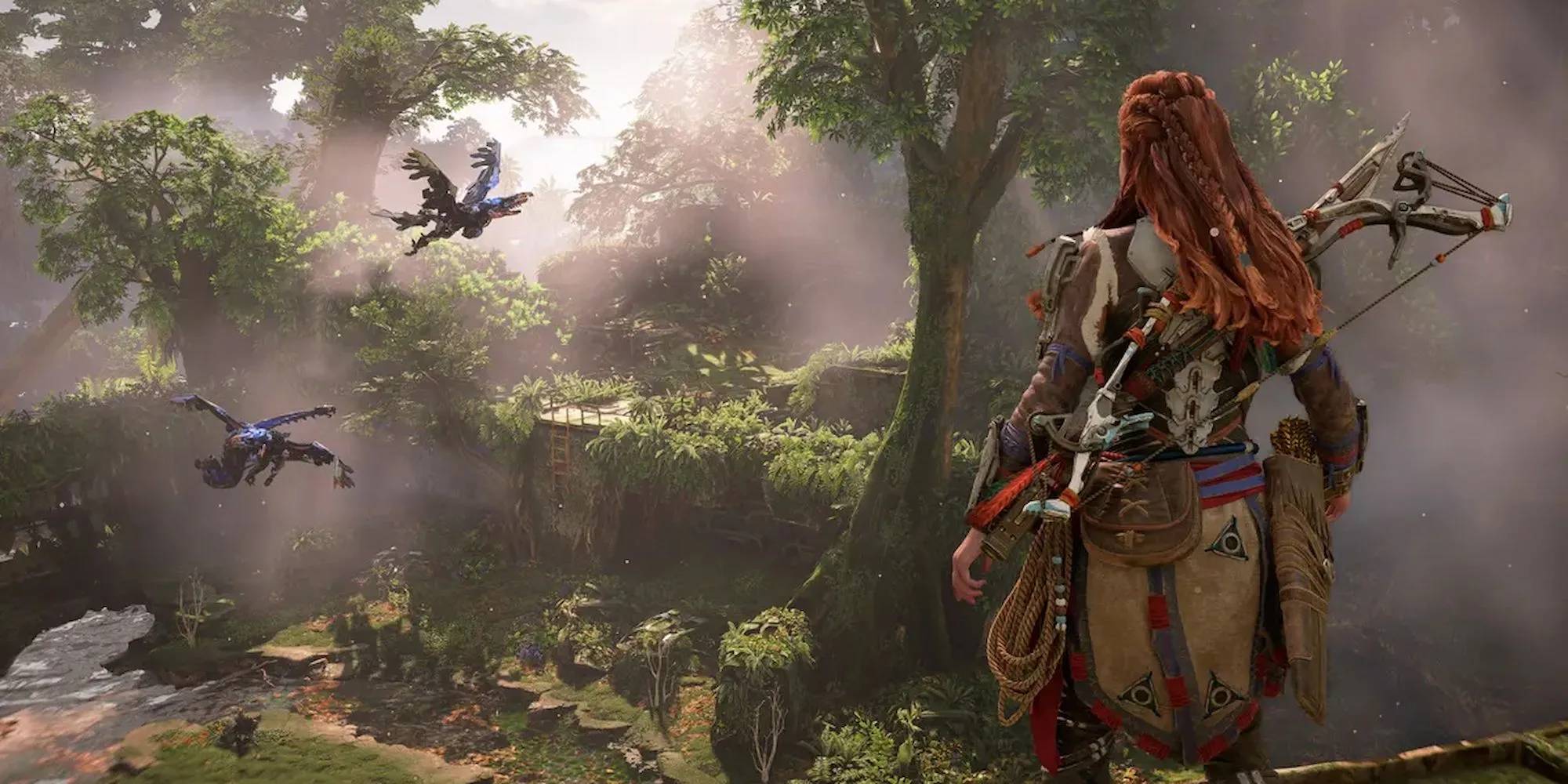 Aloy trong Horizon Forbidden West nhìn ra một vách đá hùng vĩ