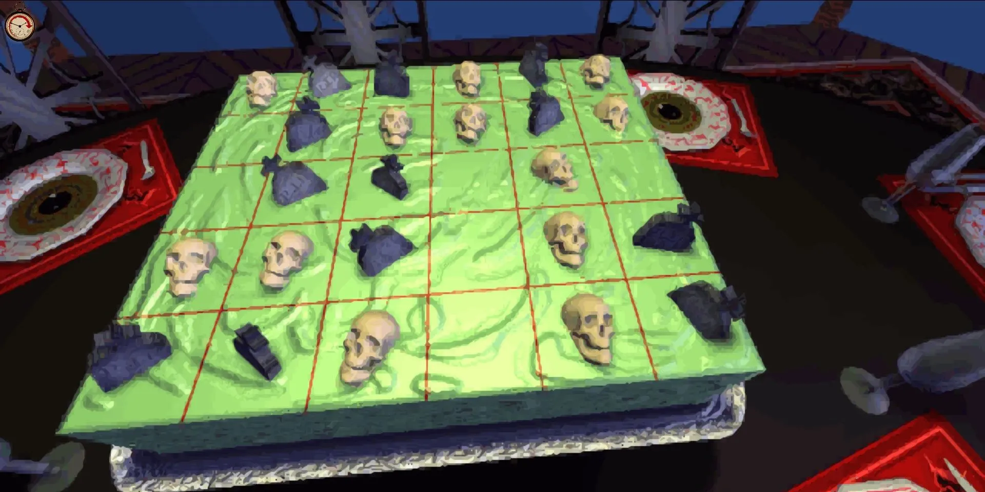 Alt: Bảng câu đố nghĩa trang trong game The 7th Guest, với các bia mộ và vật thể ma quái