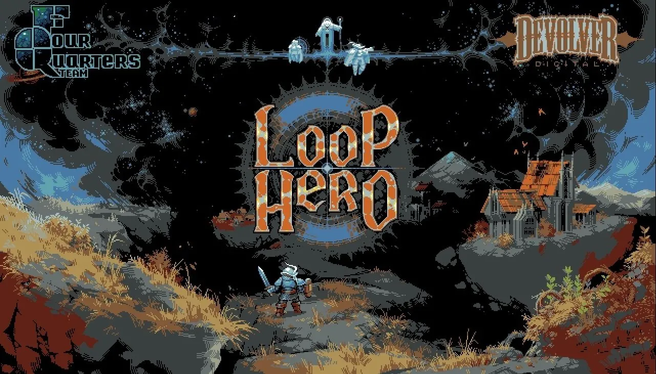 Alt: Bìa game Loop Hero với phong cách pixel art tối màu và hình ảnh nhân vật chính cùng các quái vật