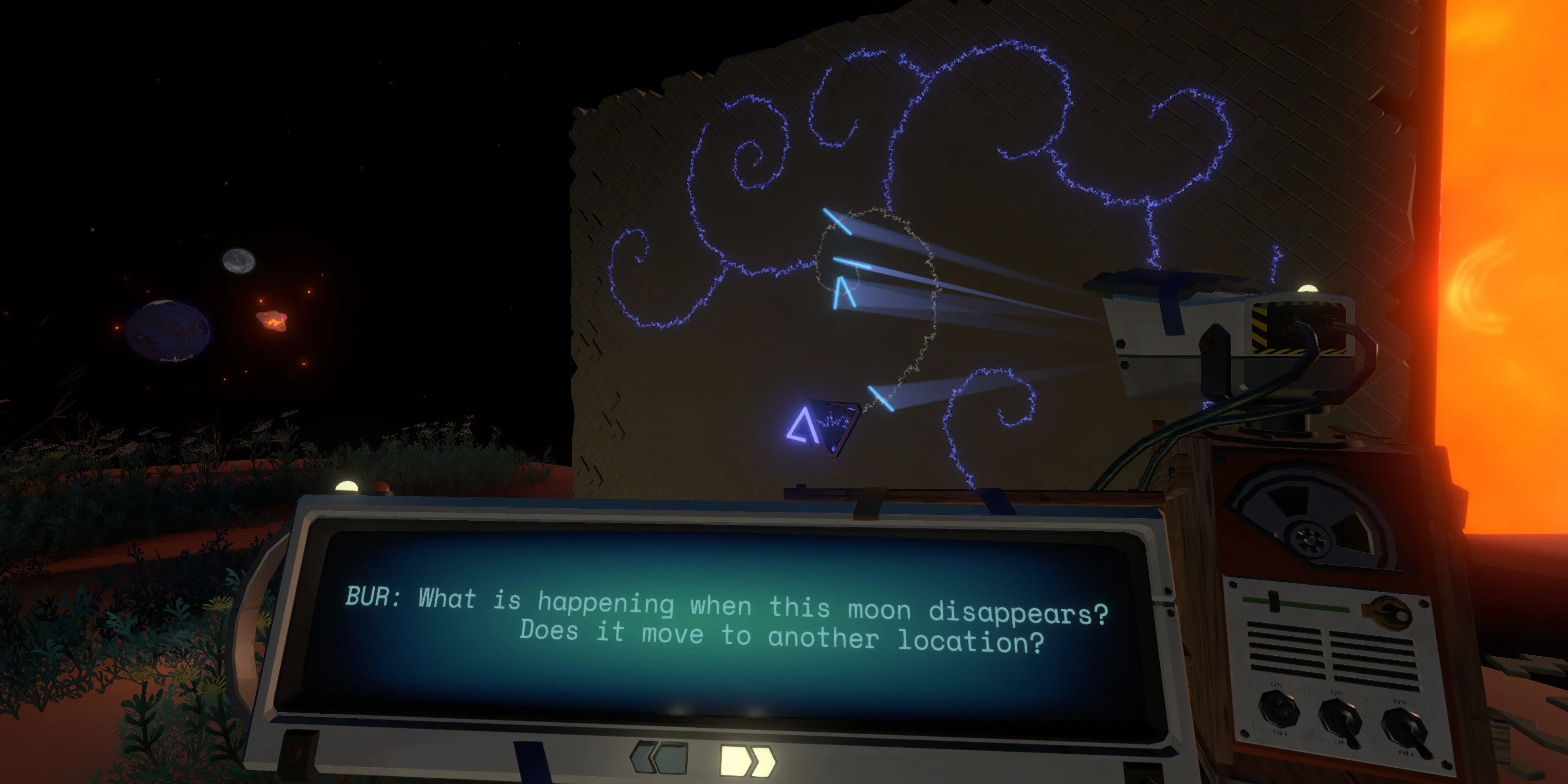 Alt: Hình ảnh người chơi đang dịch văn bản của nền văn minh Nomai trong game Outer Wilds, bối cảnh không gian vũ trụ