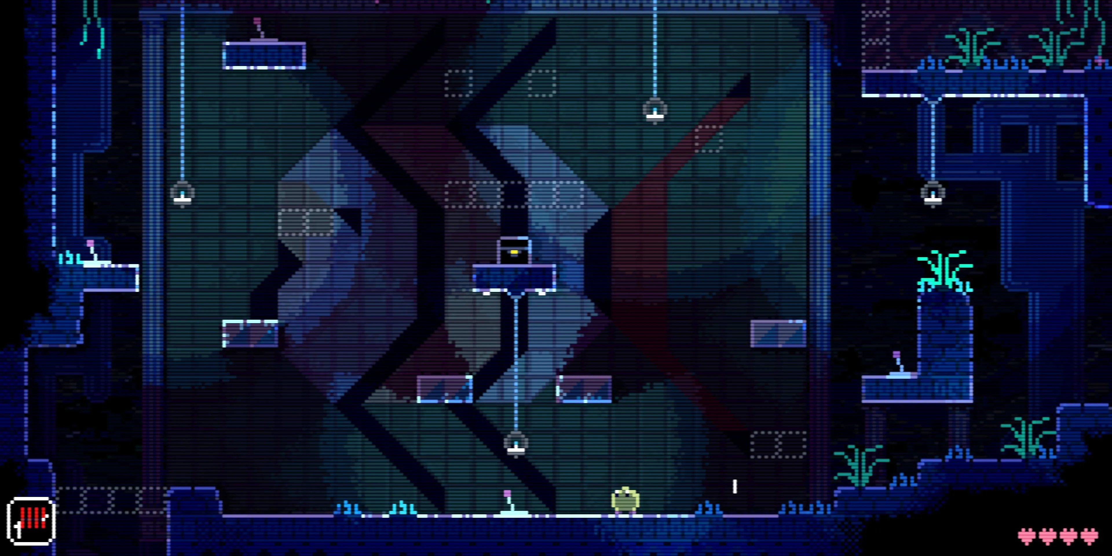 Alt: Một cảnh giải đố platformer trong game Animal Well, với nhân vật chính ở trung tâm và môi trường hang động pixel art