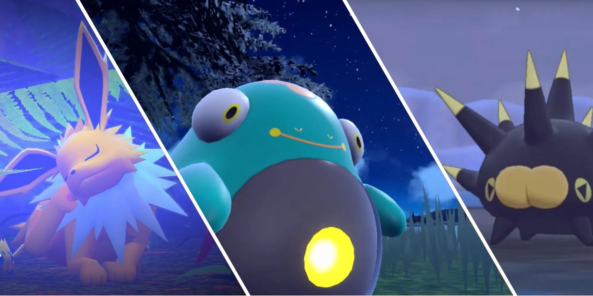 Ảnh chia ba của Jolteon trong Pokémon Snap, Bellibolt trong Pokémon Scarlet &amp; Violet, và Pincurchin trong Pokémon Sword &amp; Shield.