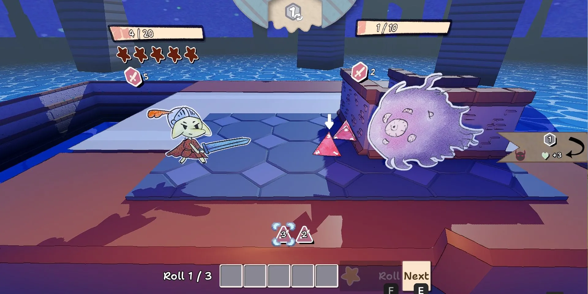 Ảnh chụp màn hình demo Dice n Goblins, người chơi chiến đấu với một bóng ma lớn