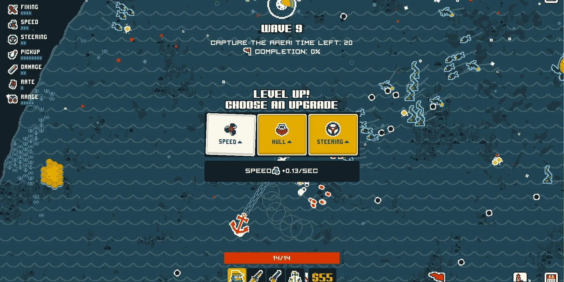 Ảnh chụp màn hình demo Nautical Survival, người chơi đang nâng cấp chỉ số cho tàu