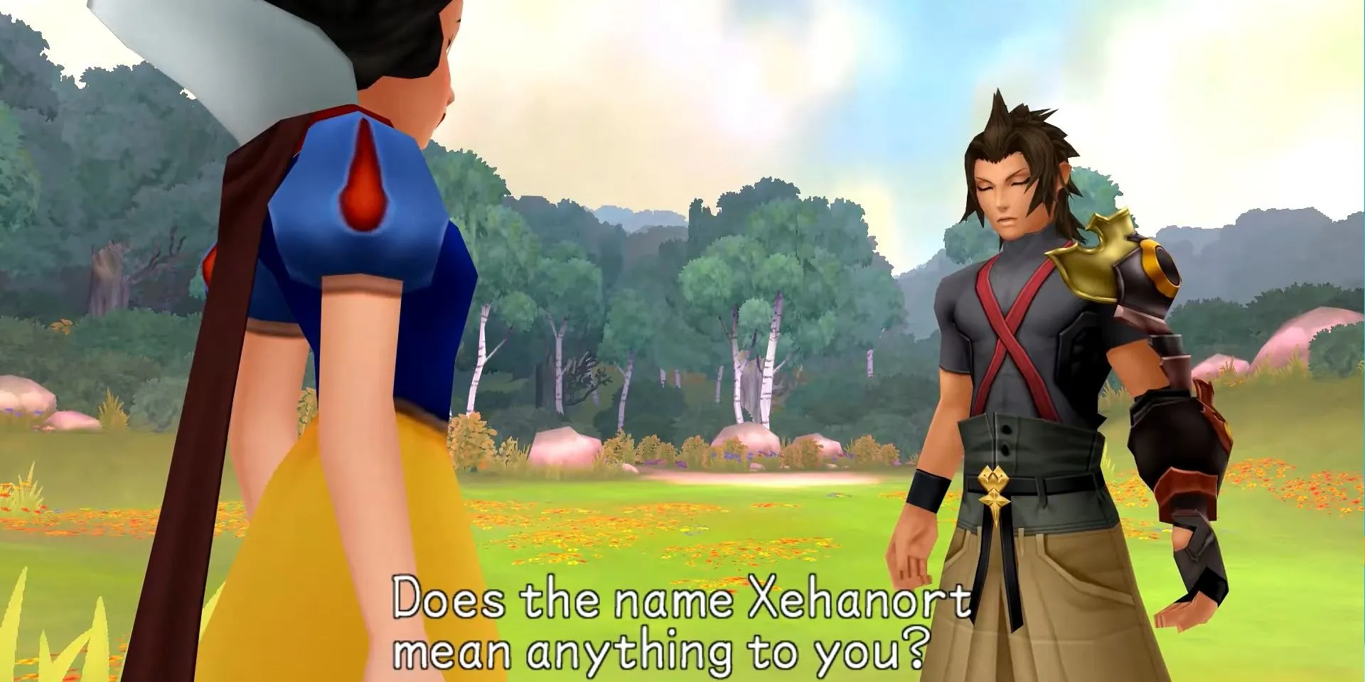 Ảnh chụp màn hình Kingdom Hearts Birth By Sleep, cho thấy Terra trong thế giới Dwarf Woodlands hỏi Bạch Tuyết về Xehanort.