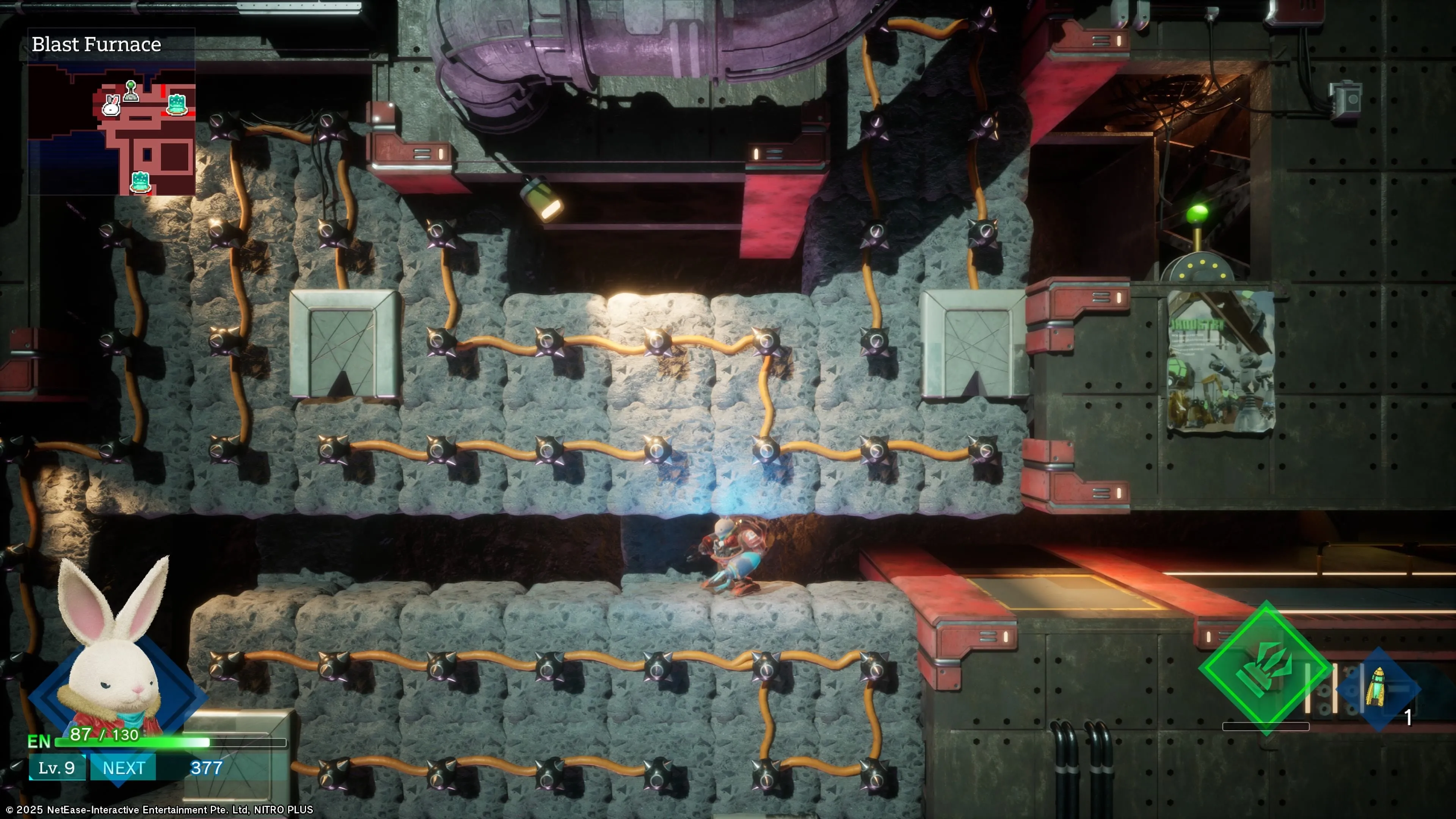 Ảnh chụp màn hình minh họa lối chơi đào khối trong Rusty Rabbit, gợi liên tưởng đến Steamworld Dig