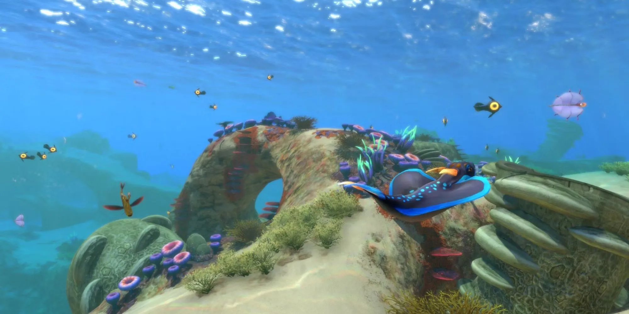 Ảnh chụp màn hình Subnautica cho thấy một rạn san hô đầy màu sắc và sinh vật biển