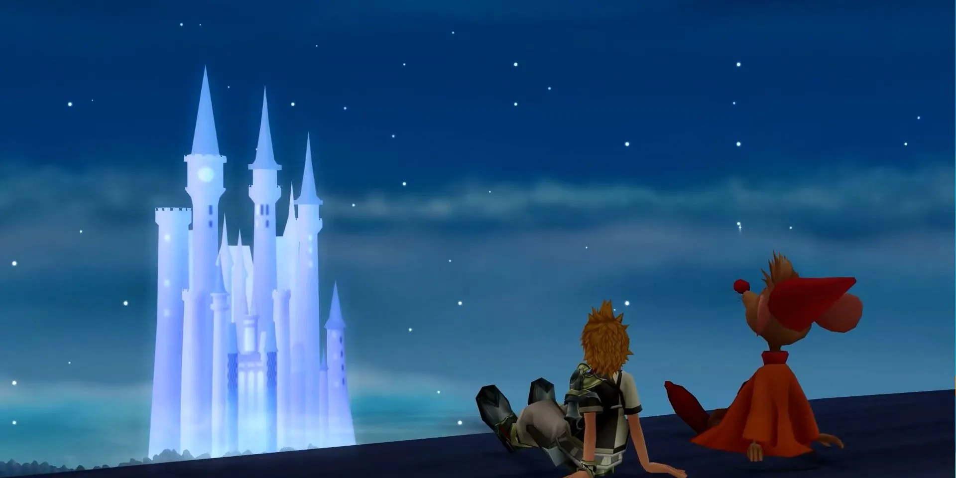 Ảnh chụp màn hình thế giới Castle of Dreams từ Kingdom Hearts Birth by Sleep, cho thấy Ventus đang ngắm sao và nhìn về phía lâu đài từ xa.