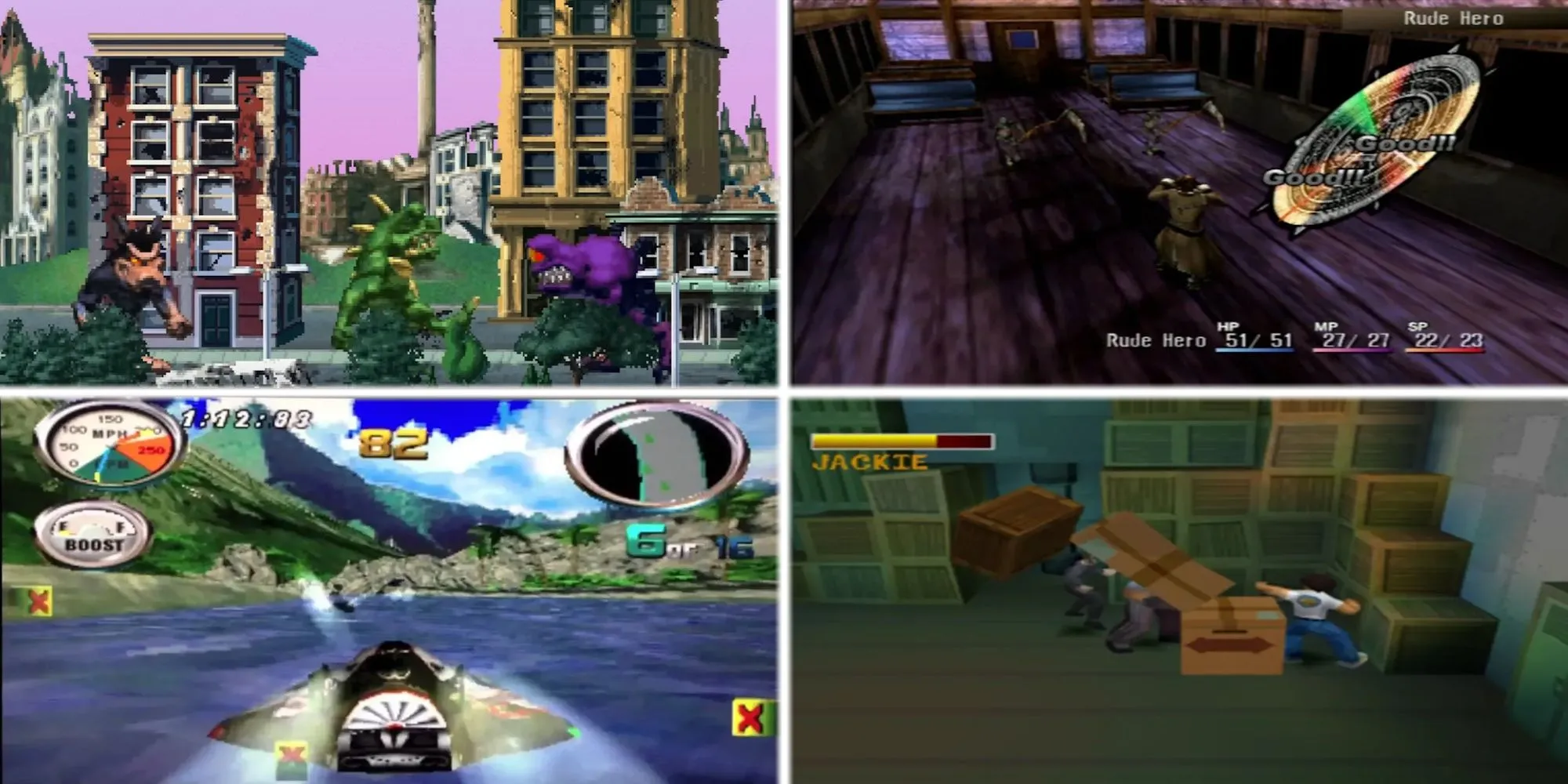 Ảnh ghép 4 tựa game Midway kinh điển: Shadow Hearts, Hydro Thunder, Jackie Chan Stuntmaster và Gauntlet Dark Legacy