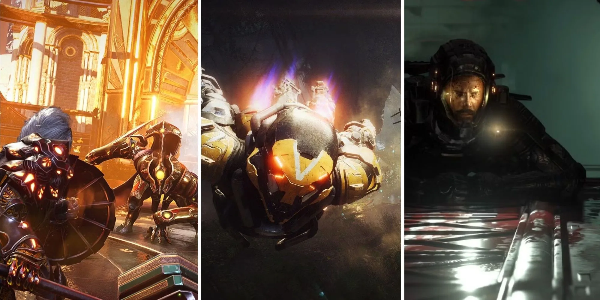 Ảnh ghép các tựa game có đồ họa đẹp nhưng bị đánh giá là nhạt nhẽo: Godfall, Anthem và The Callisto Protocol.