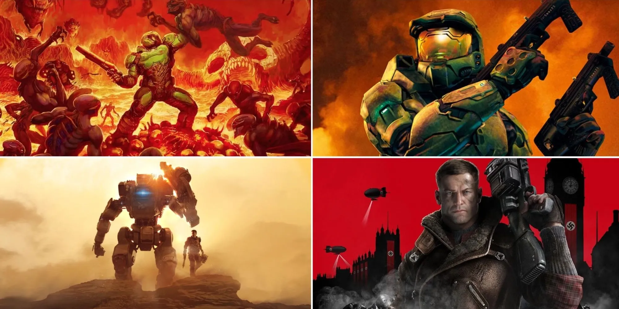 Ảnh ghép các tựa game FPS hậu bản xuất sắc như DOOM Eternal, Halo 2, Titanfall 2, và Wolfenstein II