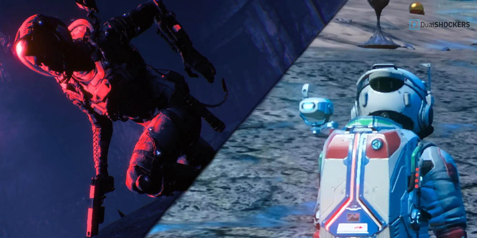 Ảnh ghép Returnal với Selene Vassos và nhân vật người chơi trong No Man's Sky
