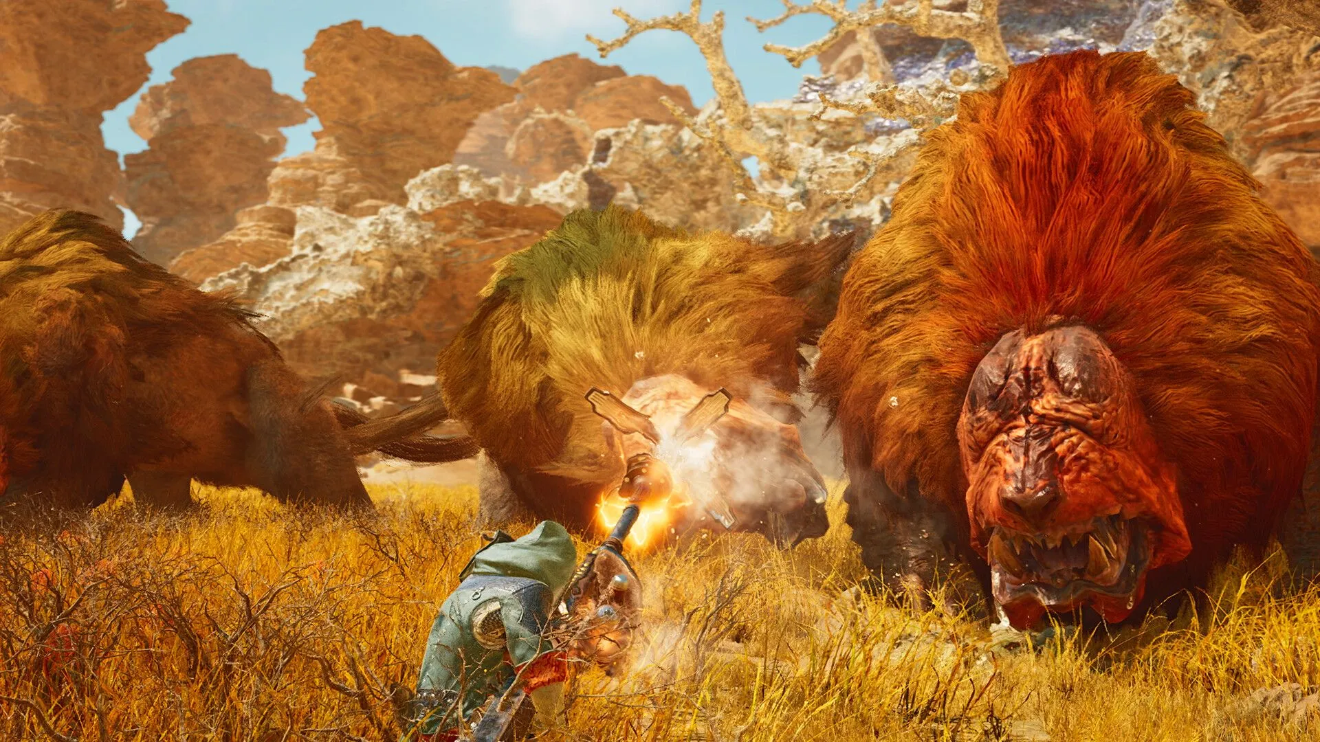 Ảnh quảng bá Monster Hunter Wilds số 2: Cận cảnh thợ săn và quái vật với chi tiết đồ họa ấn tượng