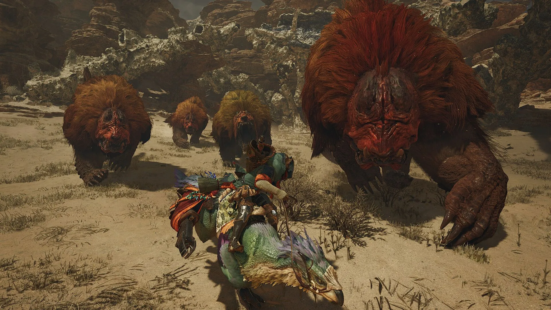 Ảnh quảng bá Monster Hunter Wilds số 6: Thợ săn chiến đấu với quái vật trong một khu vực hiểm trở