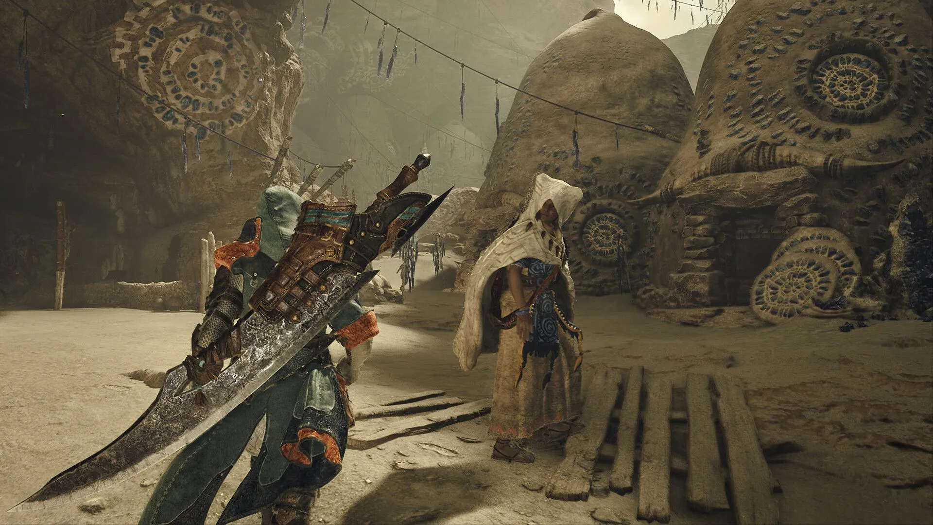 Ảnh quảng bá Monster Hunter Wilds số 7: Cảnh thợ săn và quái vật đối đầu dưới ánh sáng mặt trời