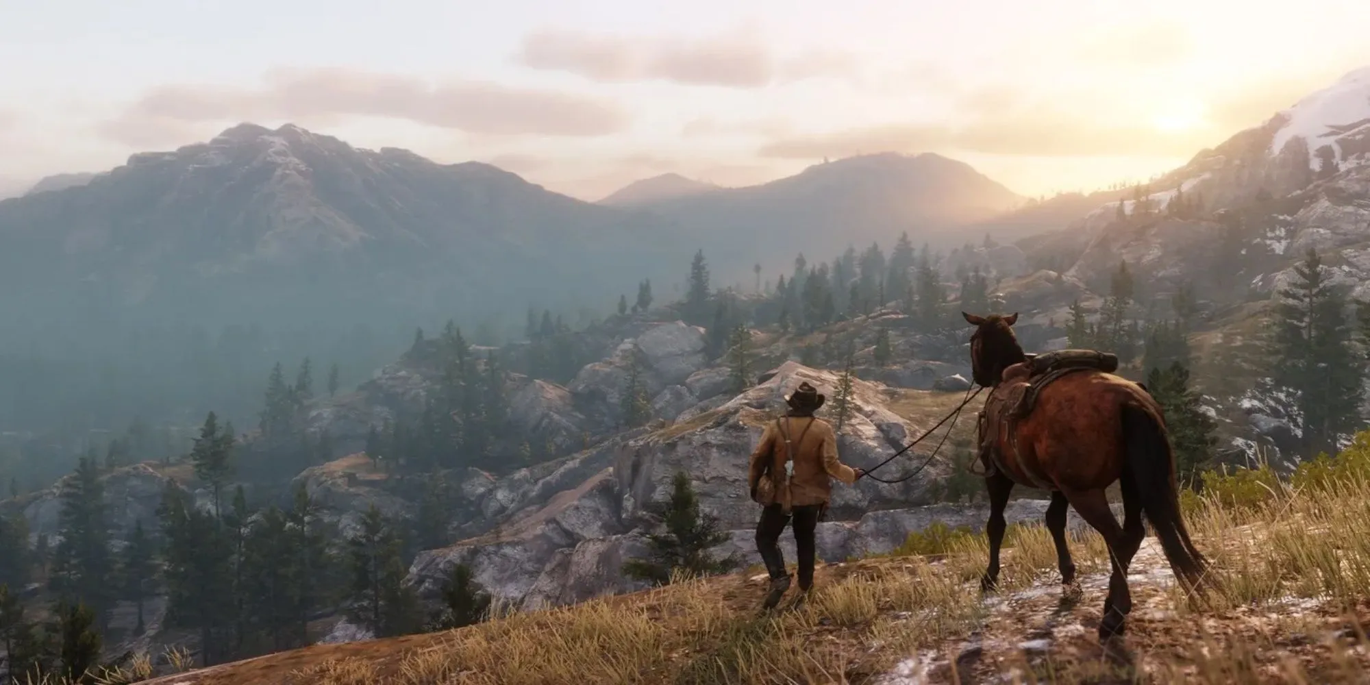 Arthur Morgan cưỡi ngựa trong thế giới mở của Red Dead Redemption 2 với khung cảnh núi non hùng vĩ