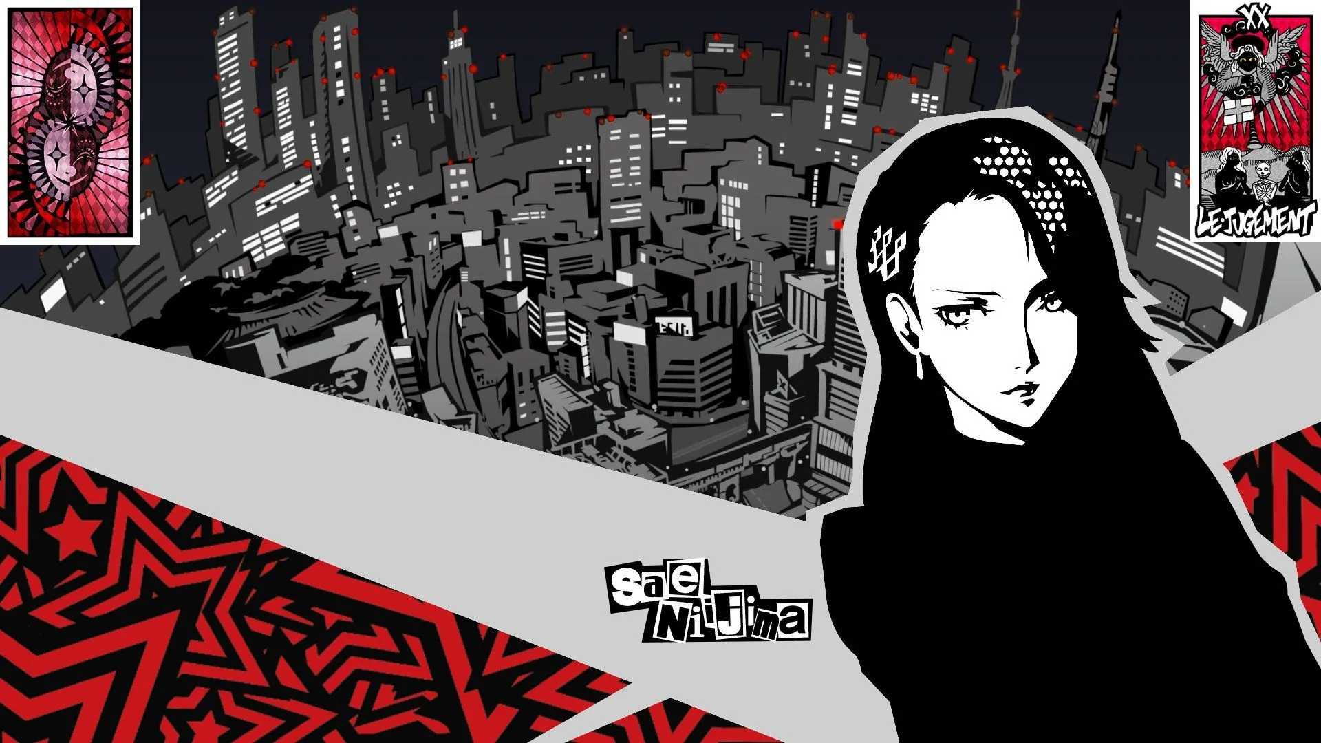 Artwork nhân vật Sae Niijima và Arcana Phán Xét trong Persona 5 Royal