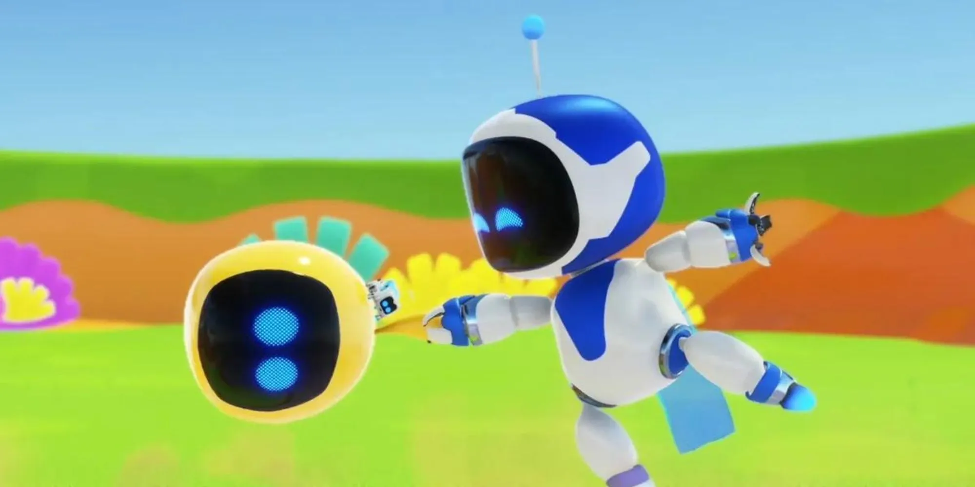Astro Bot trong màn chơi đầy màu sắc, thể hiện đồ họa và hiệu ứng tối ưu trên PS5
