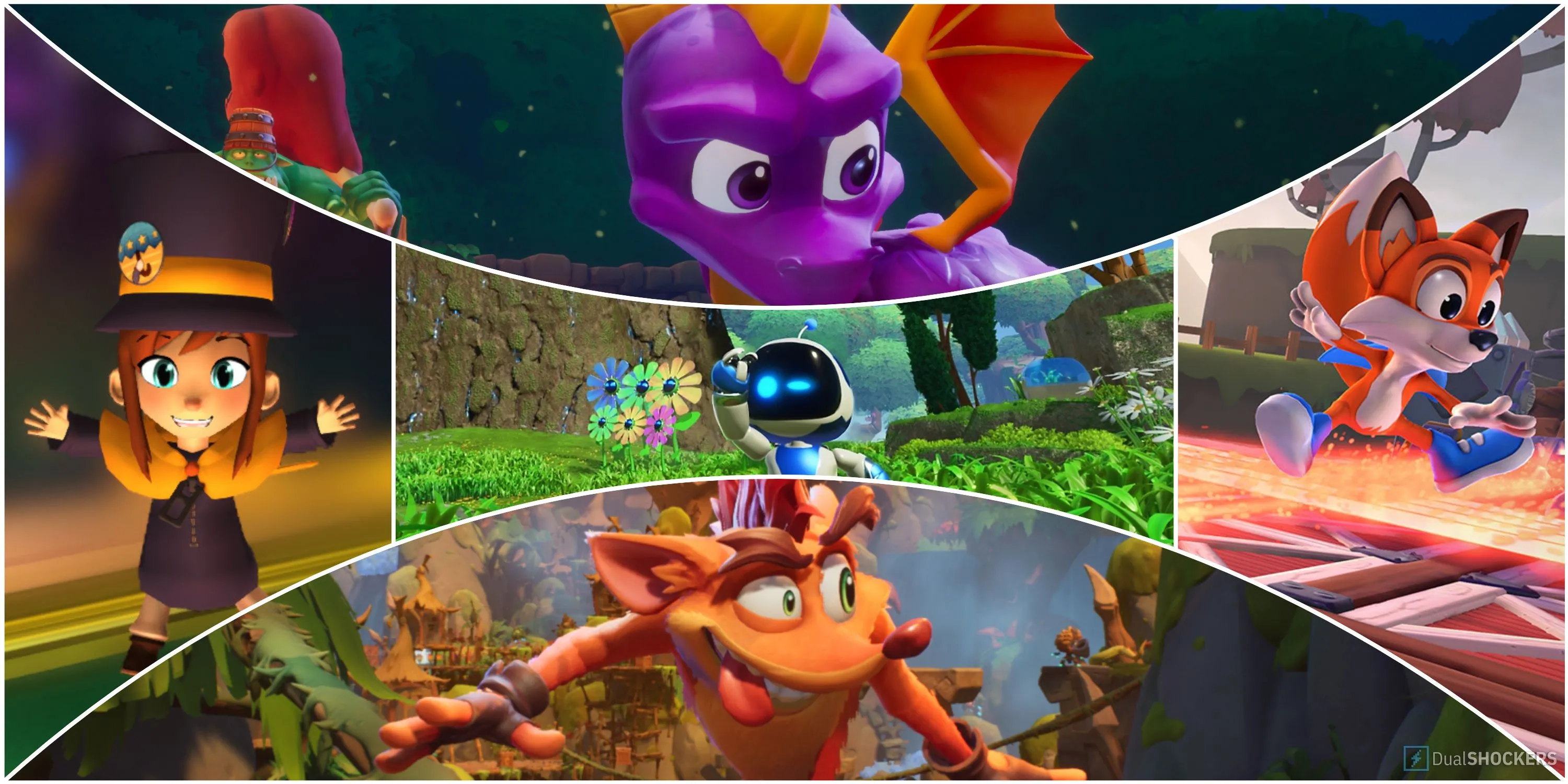 Astro Bot và các nhân vật platformer kinh điển như Crash Bandicoot, Spyro