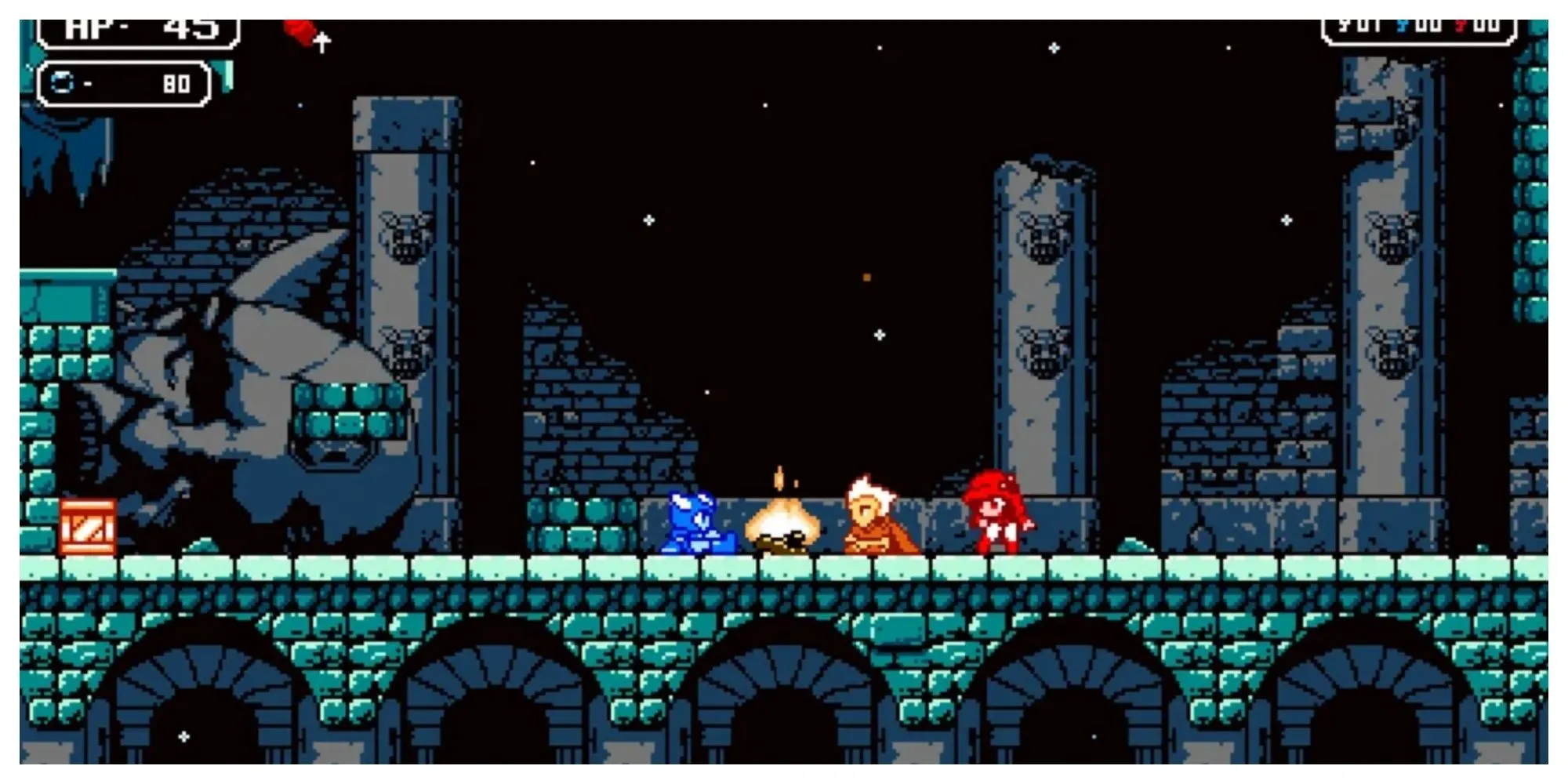 Ba nhân vật chính của Astalon: Tears of the Earth đứng trước tòa tháp pixel u ám