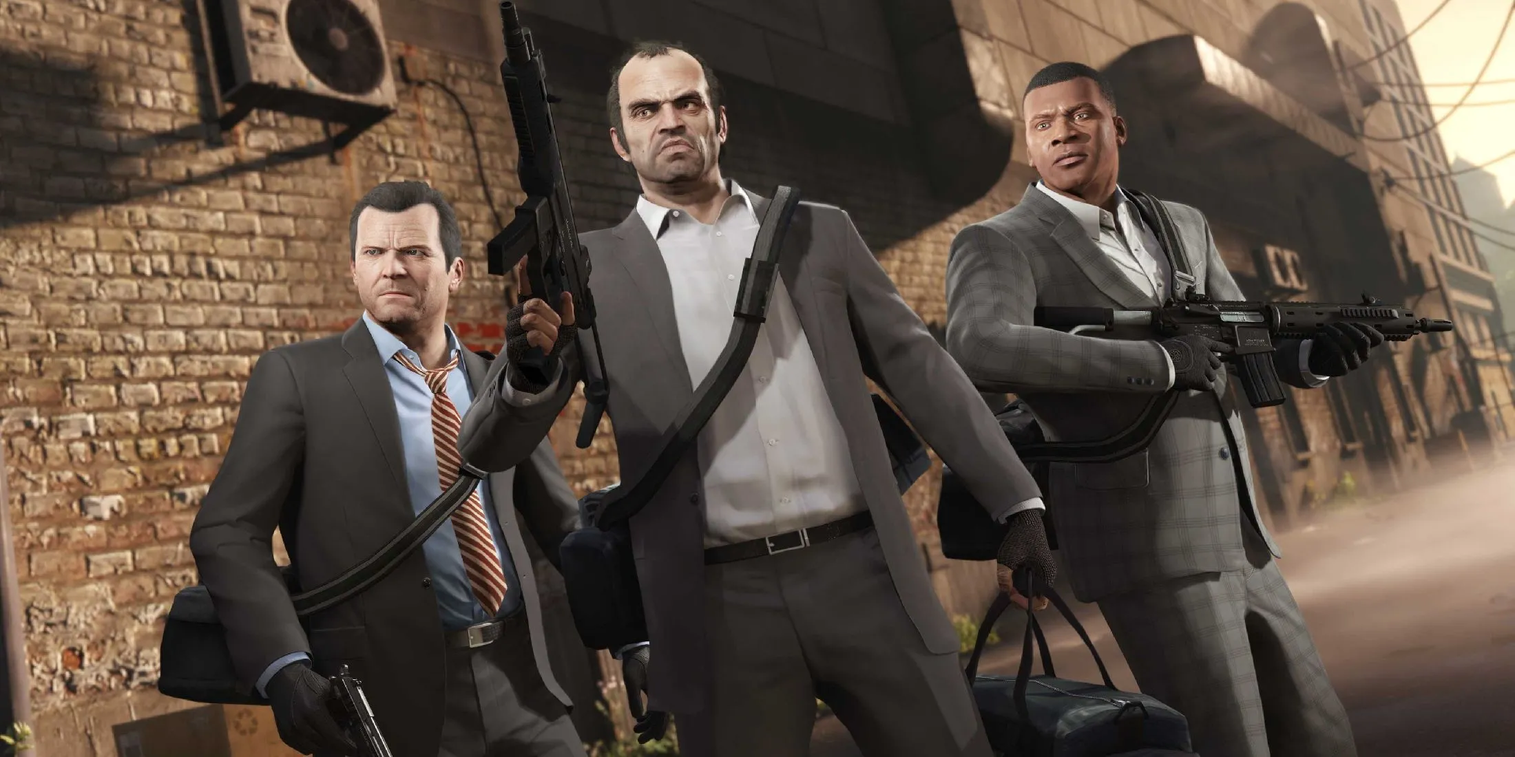Ba nhân vật chính Michael, Trevor và Franklin đứng cạnh nhau trong một cảnh của GTA 5