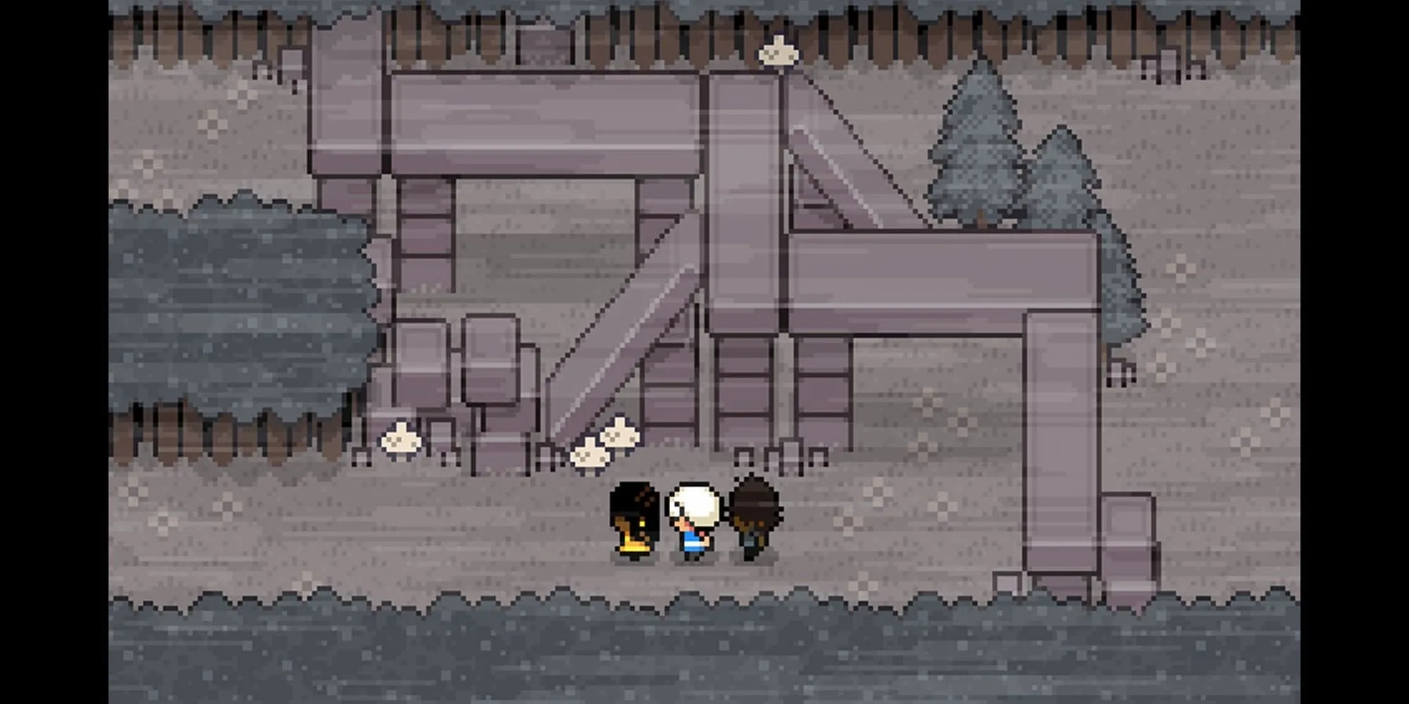 Ba nhân vật game Ikenfell đứng giữa một khu rừng ma quái với đồ họa pixel art