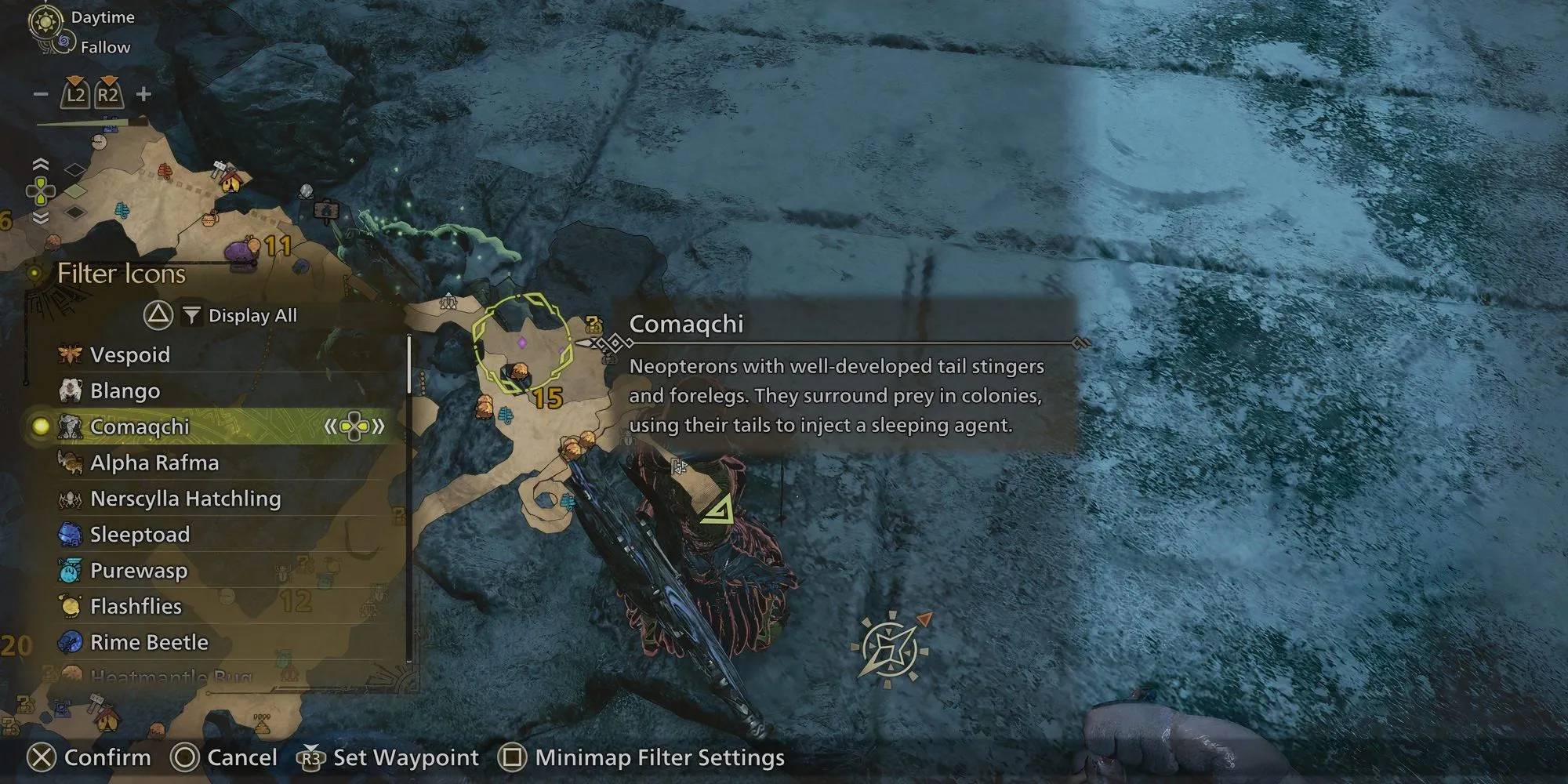 Bản đồ chỉ vị trí Comaqchi tại Vách Đá Băng Giá trong Monster Hunter Wilds