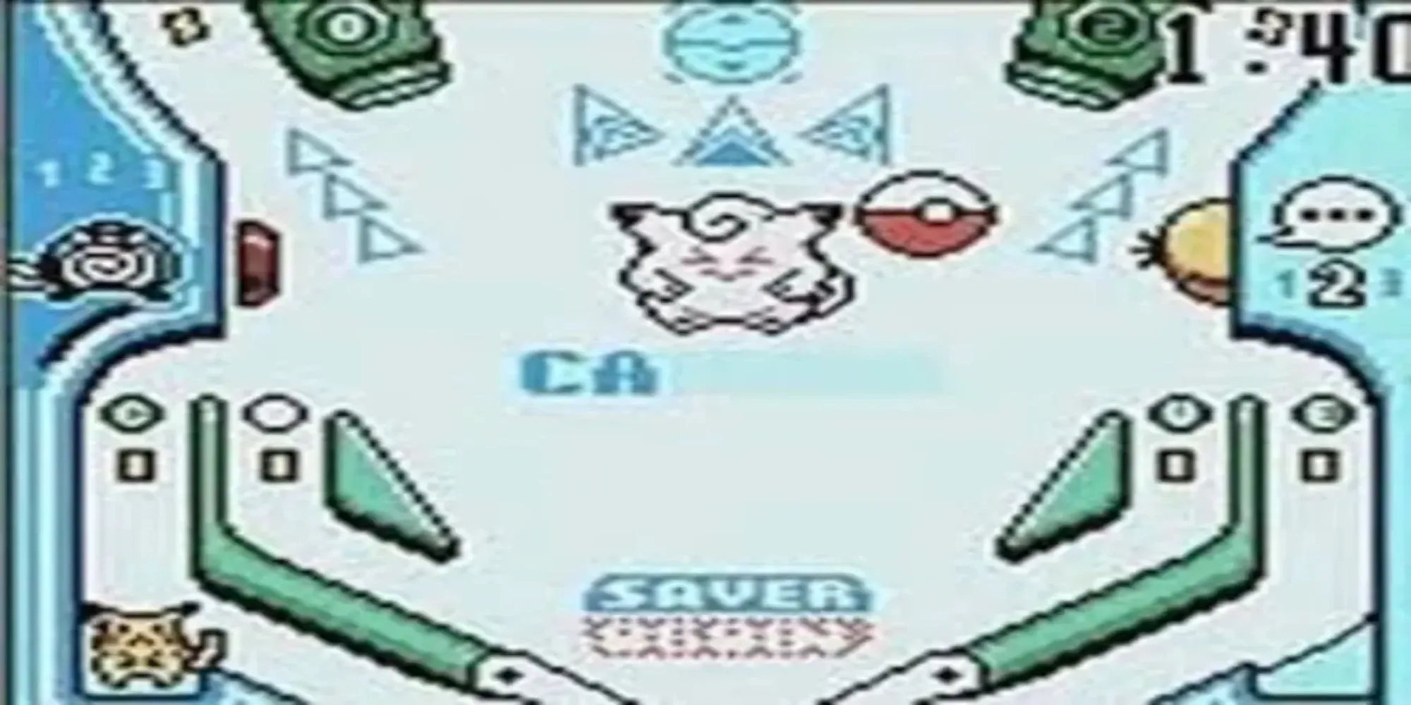 Bàn pinball chủ đề Pokémon với Pikachu và các quả Pokeball trong Pokémon Pinball GBC