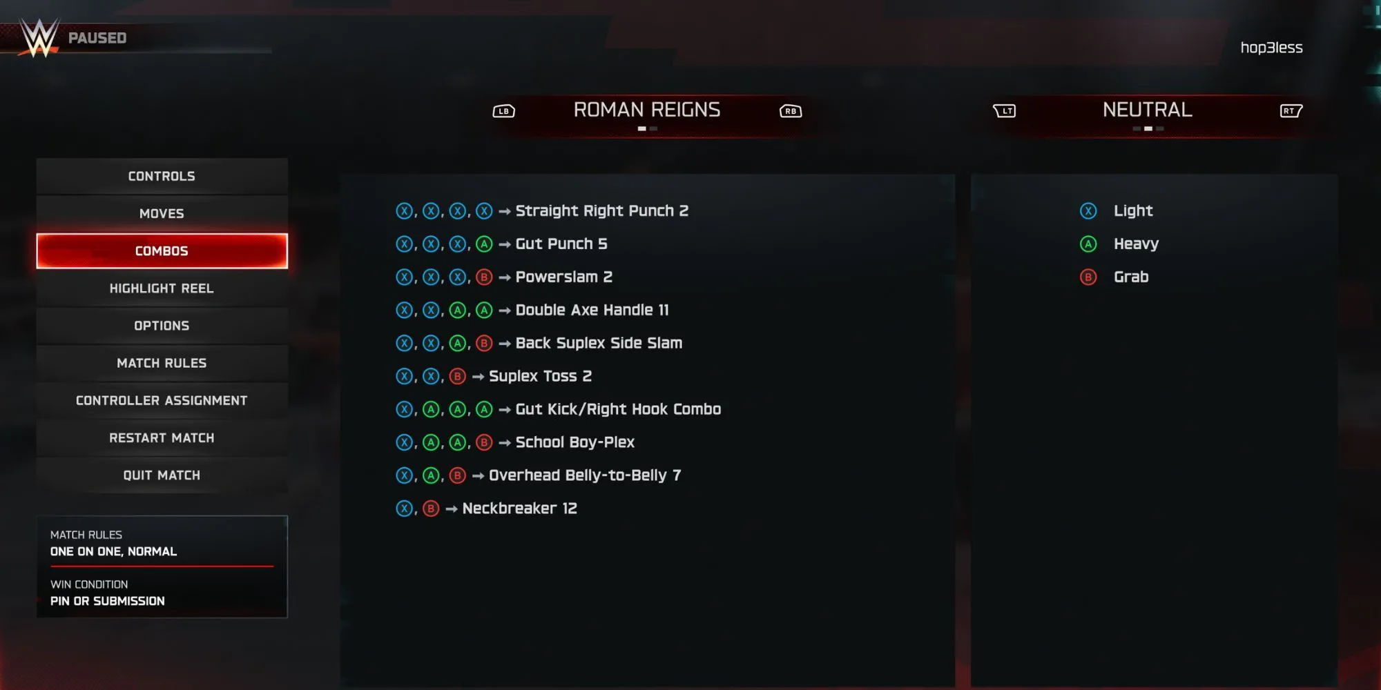 Bảng combo của Roman Reigns trong WWE 2K25 cho thấy sự khác biệt với các đô vật khác