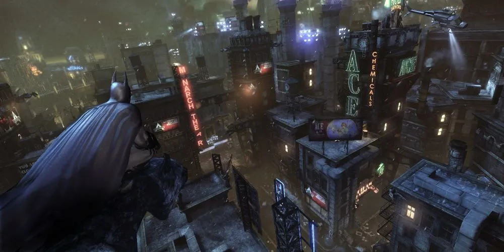 Batman quan sát thành phố Arkham City từ trên cao, sẵn sàng cho những pha hành động lén lút