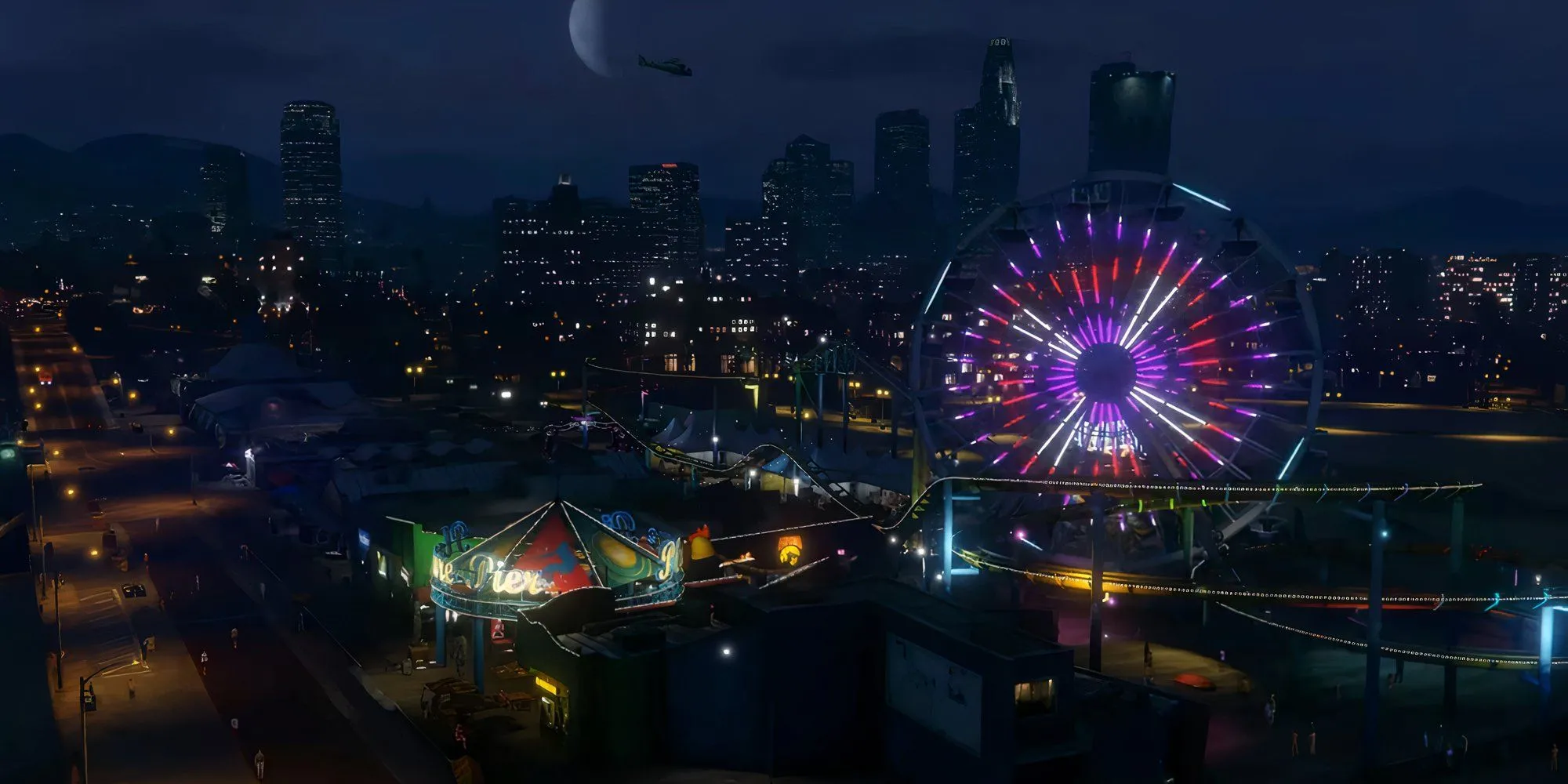 Bến tàu Del Perro về đêm trong Grand Theft Auto 5, một địa điểm quen thuộc của game thủ