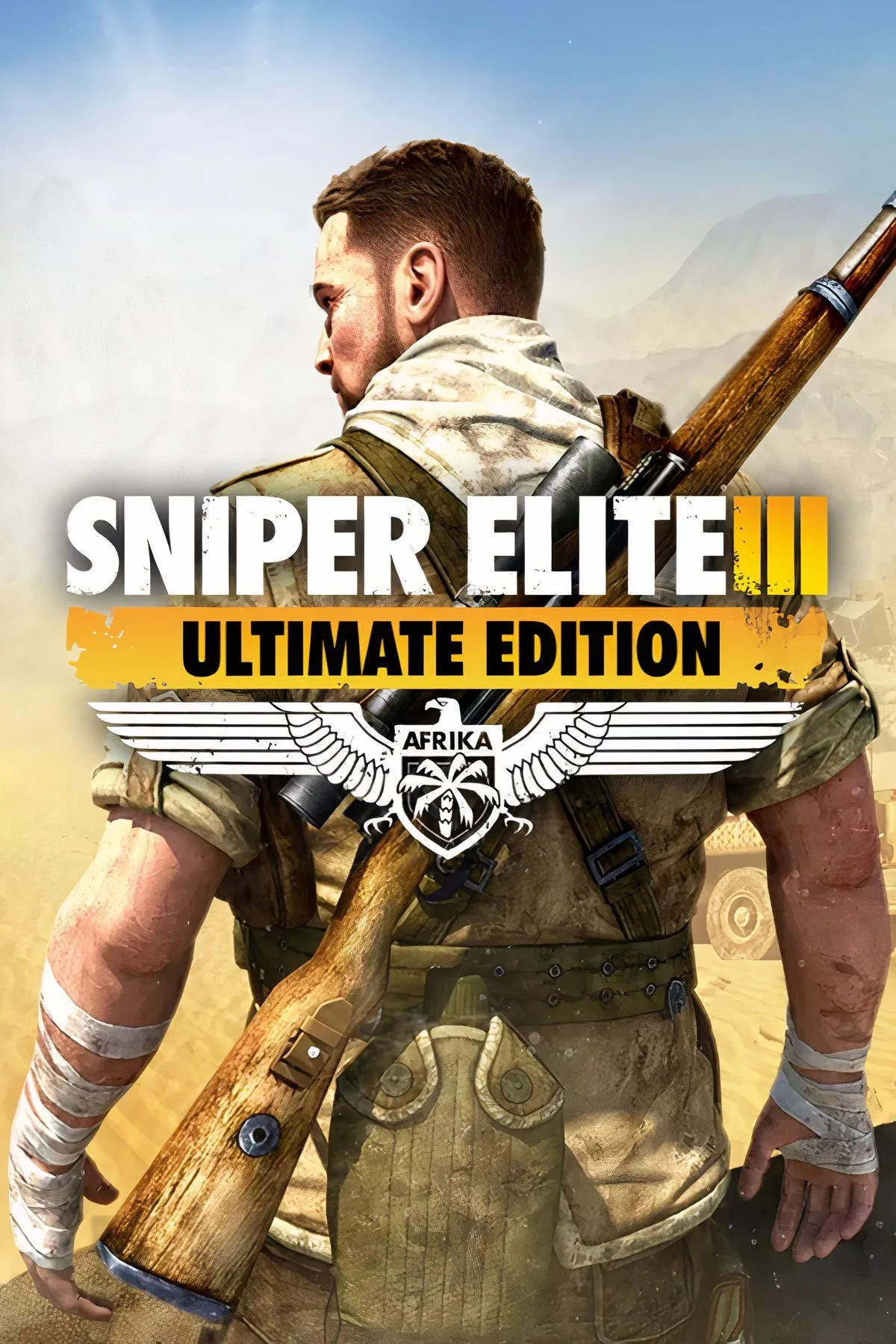 Bìa game Sniper Elite 3 cho thấy nhân vật chính Karl Fairburne đang ngắm bắn