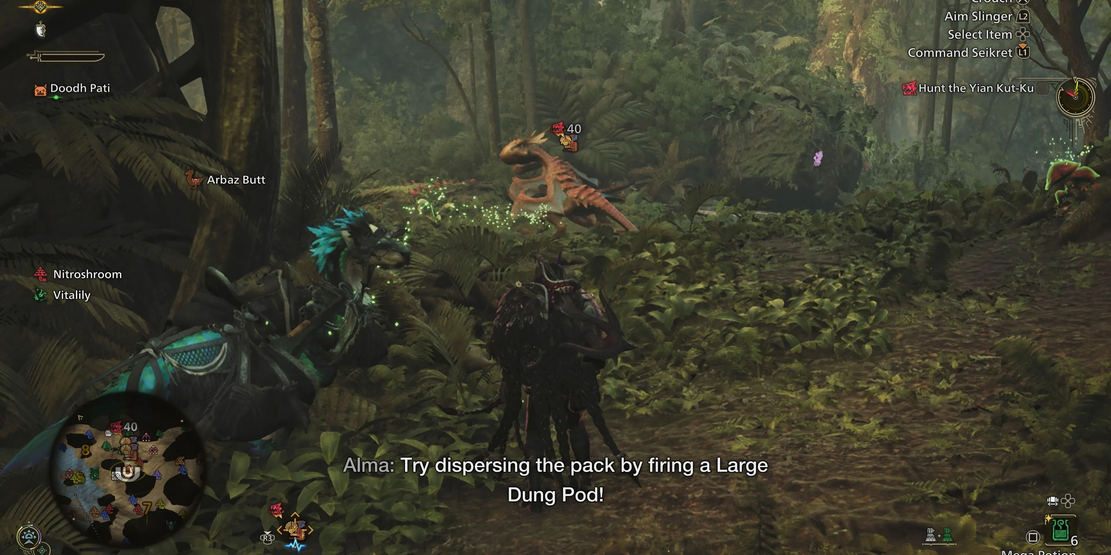 Biểu tượng gợi ý sử dụng Large Dung Pod trong Monster Hunter Wilds khi đối mặt nhiều quái vật