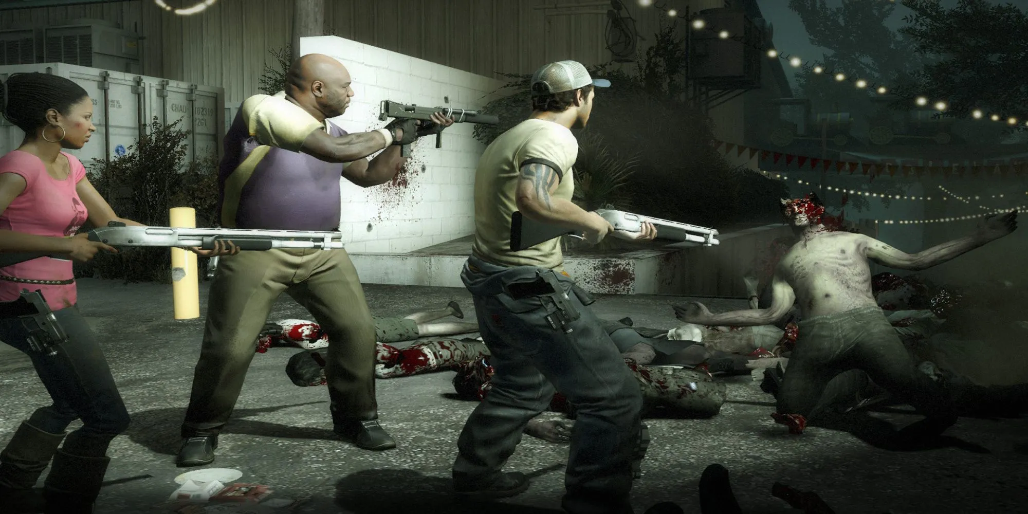 Bốn người sống sót trong Left 4 Dead 2 chiến đấu chống lại bầy zombie hung hãn trong một khung cảnh hỗn loạn