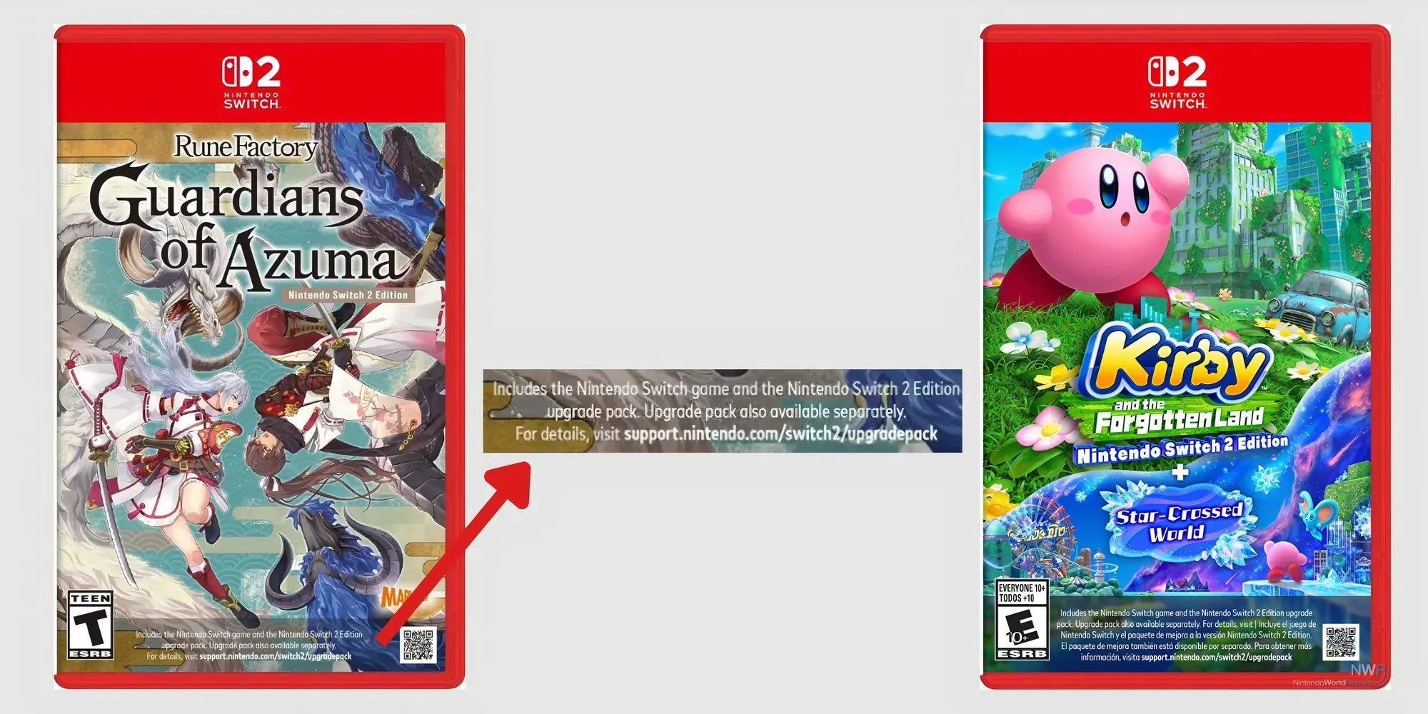 Box art game Rune Factory Guardians of Azuma và Kirby có ghi chú phiên bản Switch 2, cho thấy thẻ game Switch 2 chứa nội dung cho cả Switch 1.