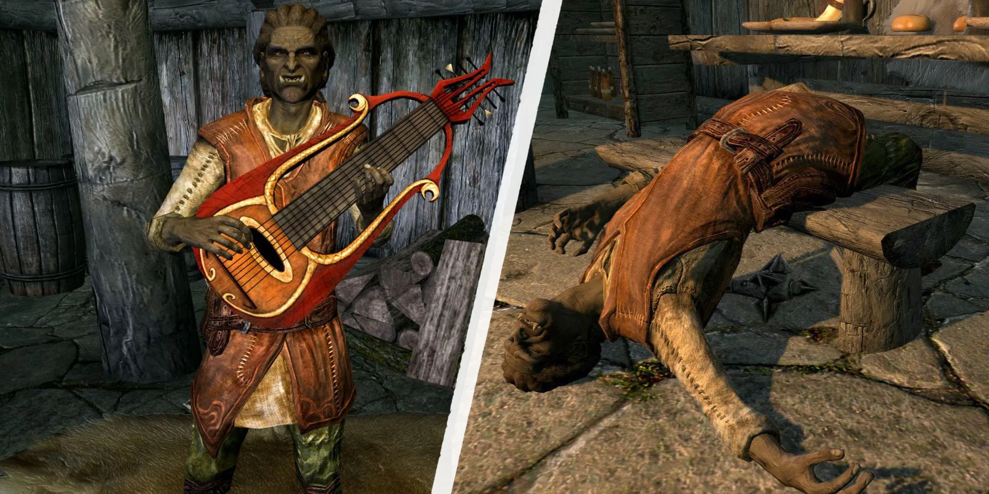 Ca sĩ Lurbuk trước và sau khi bị ám sát cho Dark Brotherhood trong Skyrim.