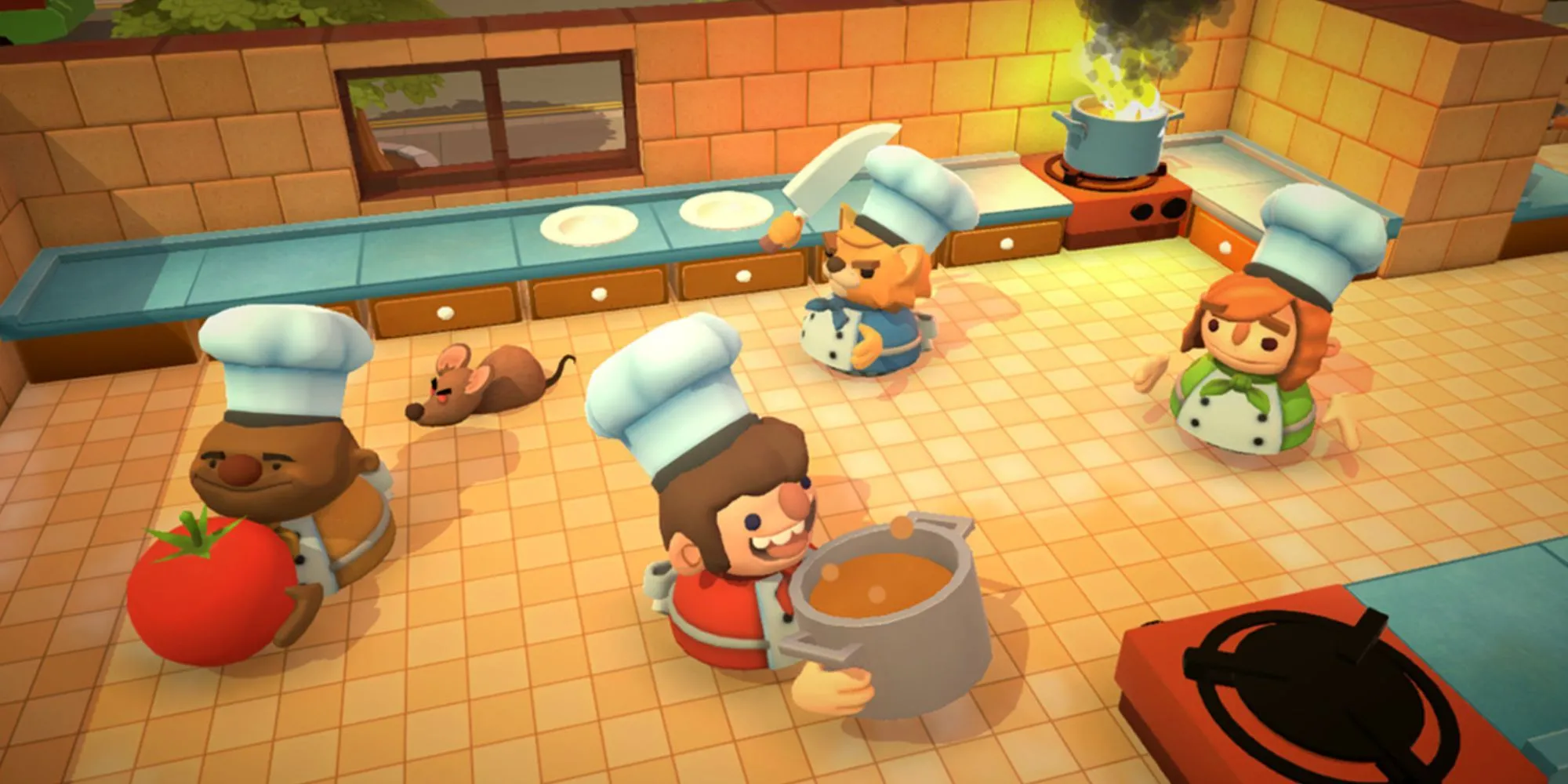 Các đầu bếp trong Overcooked 2 đang hối hả chuẩn bị món ăn trong một căn bếp hỗn loạn.