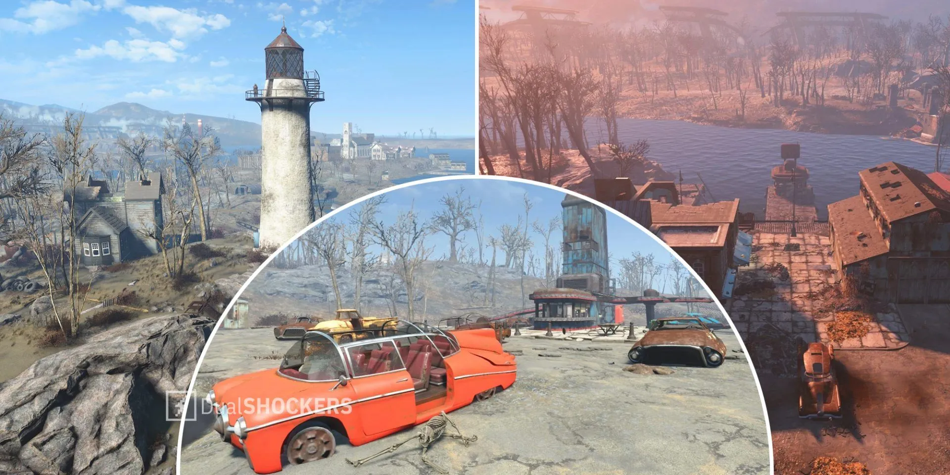 Các khu định cư nổi bật trong Fallout 4 như Kingsport Lighthouse và Starlight Drive-in