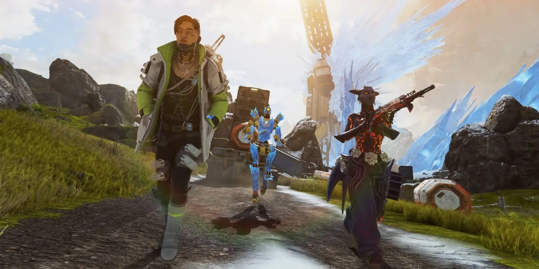 Các legend Crypto, Pathfinder và Lifeline trong Apex Legends đang di chuyển trên bản đồ World's Edge