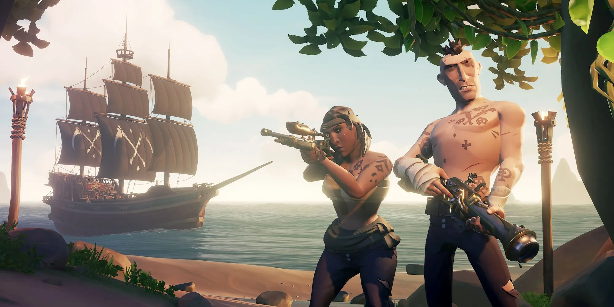 Các nhân vật cướp biển trong Sea of Thieves đang ngắm bắn từ thuyền của họ.