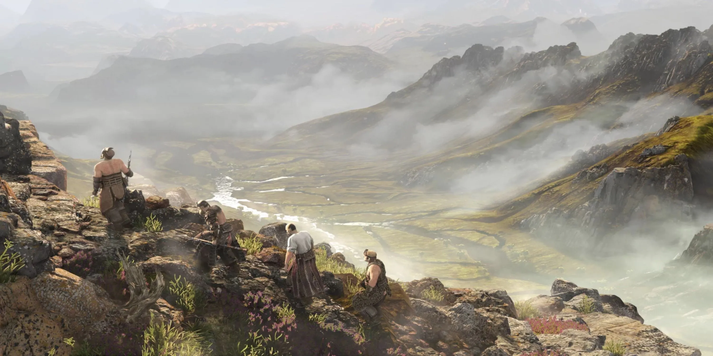 Các nhân vật Horizon Zero Dawn đi bộ lên một ngọn núi phủ đầy tuyết