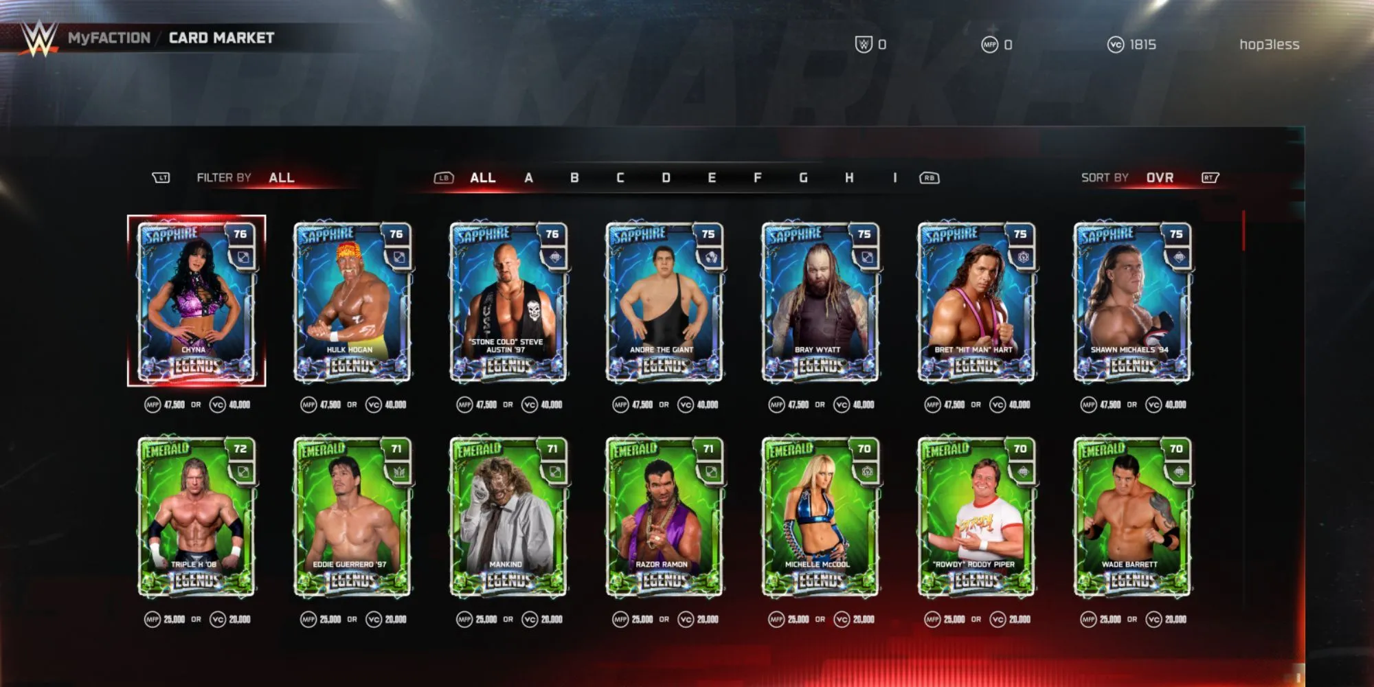 Các thẻ bài đô vật giá trị có thể mua bằng VC trong chợ MyFACTION của WWE 2K25