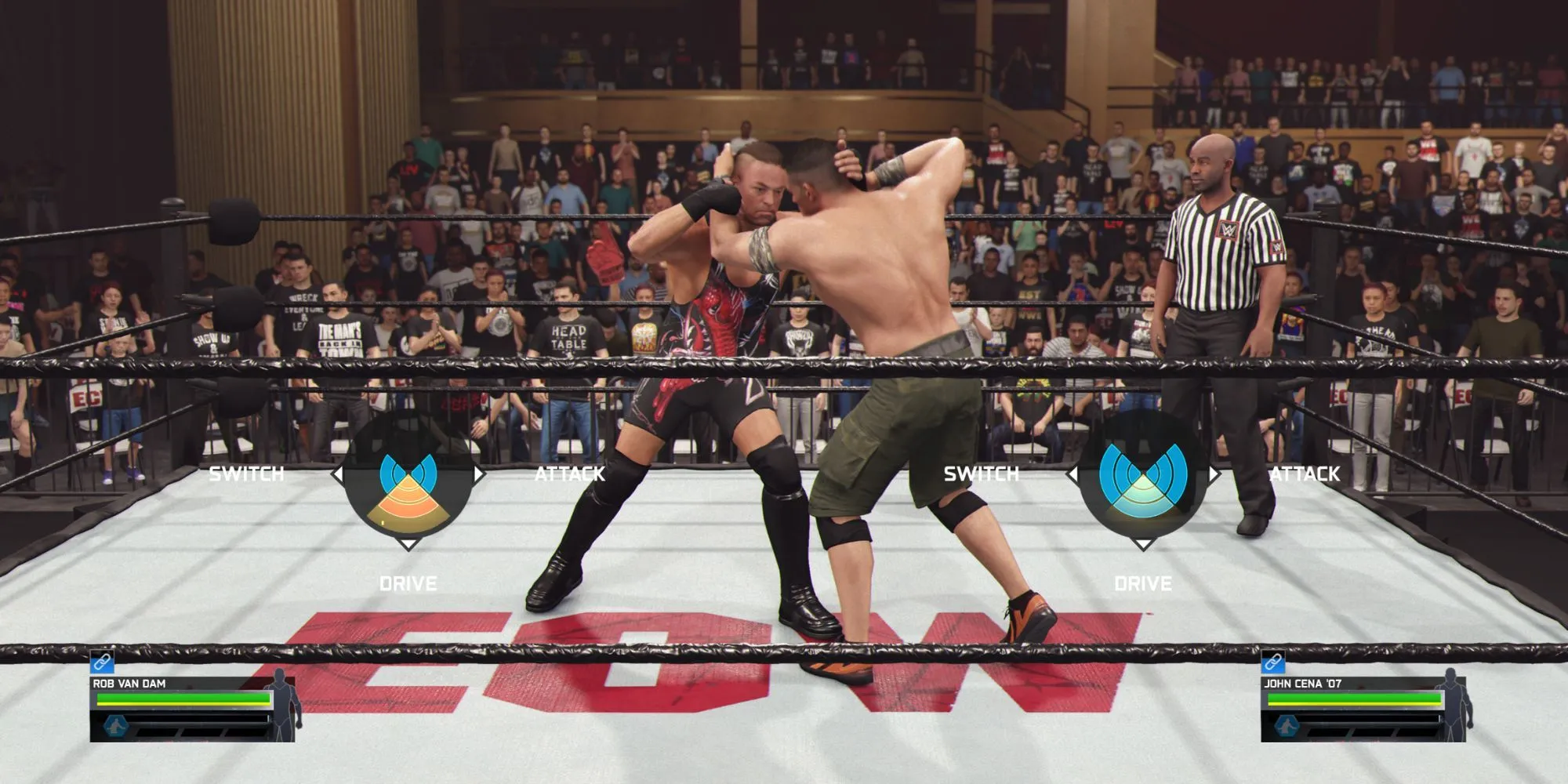 Các tùy chọn đòn thế trong Chain Wrestling WWE 2K25 như Drive, Switch, Wrench, Attack